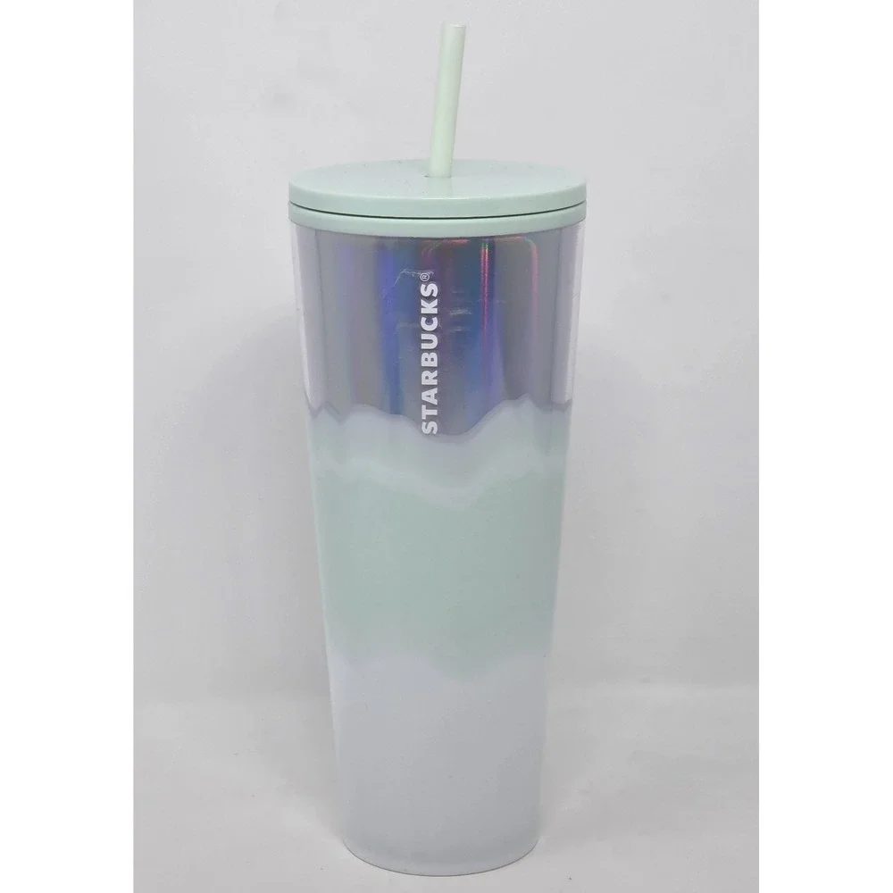 NEW Starbucks Holiday 2021 Tumbler Icy Mint White Silver Iridescent Drip 24 oz